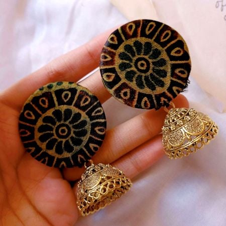 Dark Green Printed Earrings With Golden Bottom